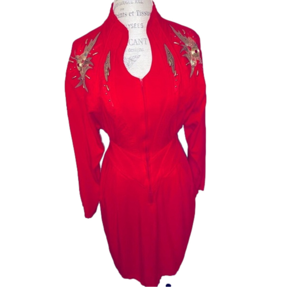 VINTAGE 80’s IIF Gold & Red Lace & Stud Embellished Cocktail Dress Long Sleeve S